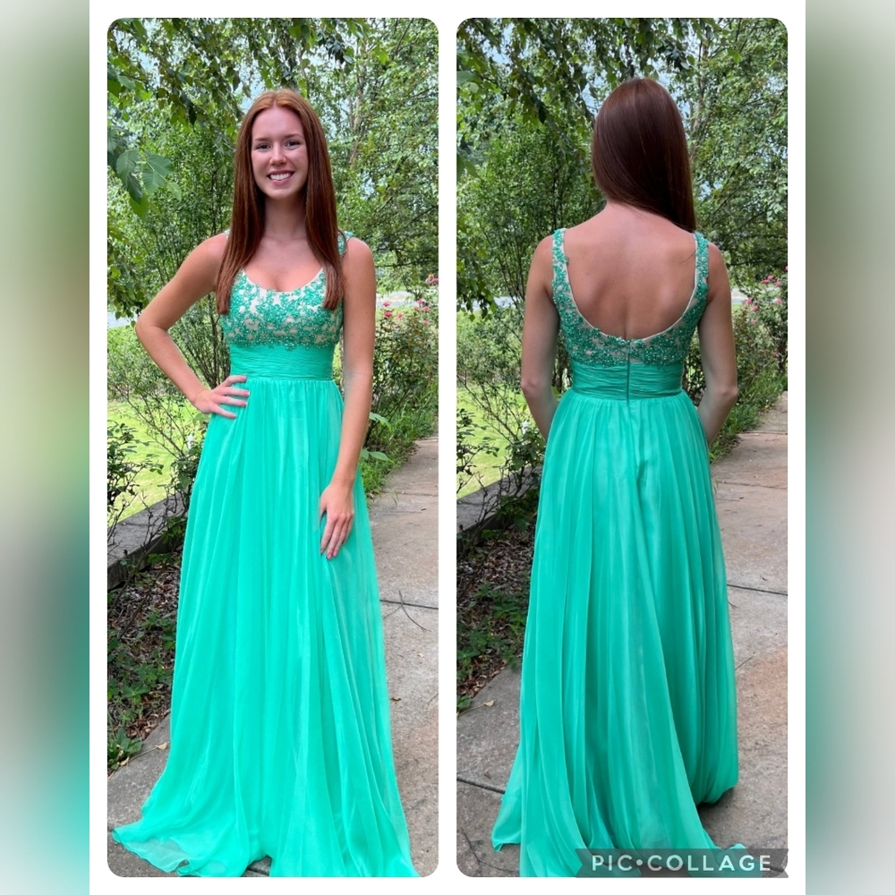 Alyce Paris Green Mint Leaf Lace Sequins Chiffon Formal Dress Size 2